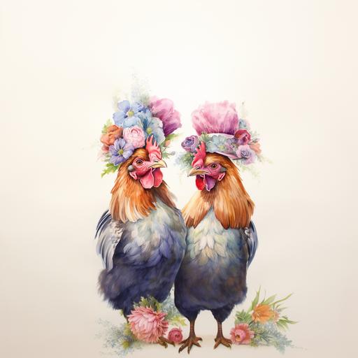 pair of fancy colorful chickens, watercolor, bright pastel colors, wearing fancy floral hats