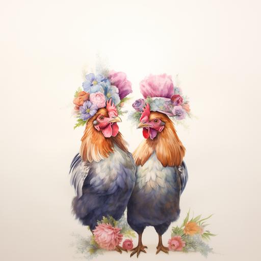 pair of fancy colorful chickens, watercolor, bright pastel colors, wearing fancy floral hats