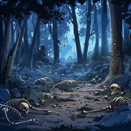 Dead human skeletons in all over the forest, cartoon, 4k