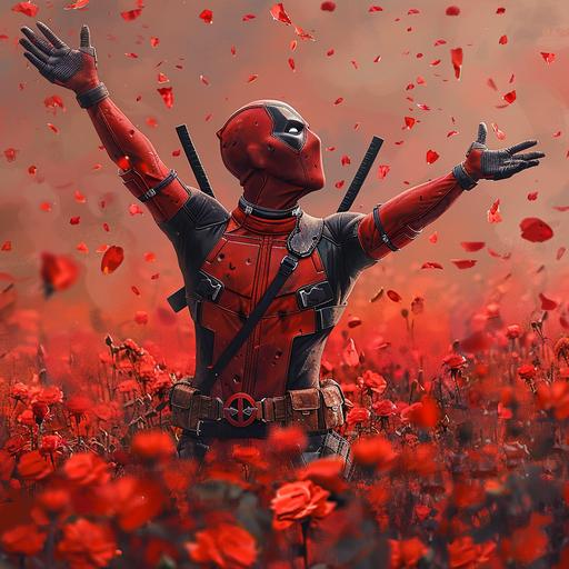 Deadpool frolicking in a red field of roses with petals flying
