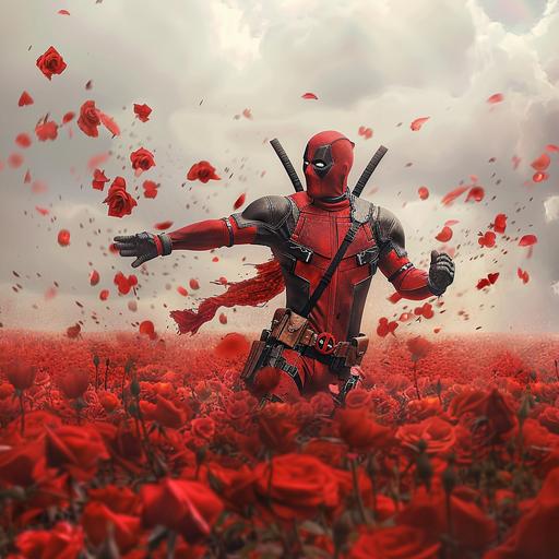 Deadpool frolicking in a red field of roses with petals flying