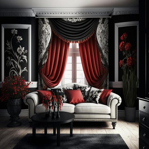Decorated living room, black and white red curtains at the entrance, decorated black sofa, decorated wall, flower pots behind the sofa,
