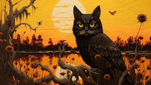 Deep in the Louisiana countryside, at the mysterious cat owl swamp, a warm fall sunset is welcomed. ad posters, light black and yellow, detailed wildlife, multi-layered collages, pastoral nostalgia, --ar 16:9