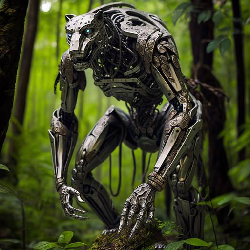 Deep in the heart of a dense, tropical jungle, a mechanical alien-human hybrid covered in mud hides among the towering trees. The hybrid's body is crafted from gleaming, silver metal, intricately detailed with gears and levers, a testament to its advanced technology. Its skin, made of a flexible, shimmering material, flows in perfect synchronization. The jaguar's multifaceted eyes, aglow with a brilliant irridescent light, HD, cinematography, photorealistic, epic composition Unreal Engine, Cinematic, Color Grading, Ultra-Wide Angle, Depth of Field, hyper detailed, beautifully coded by color, insane detail, intricate detail, beautifully colored, Unreal Engine, Cinematic, Color Grading, Editorial Photography, Photography, Photoshoot, Depth of Field, DOF, Tilt Blur, White Balance, 32k, Super-Resolution, Megapixel, ProPhoto RGB, VR , Halfrear Lighting, Backlight, Natural Lighting, Incandescent, Fiber Optic, Moody Lighting, Cinematic Lighting, Studio Lighting, Soft Lighting, Volumetric, Contre-Jour, Beautiful Lighting, Accent Lighting, Global Illumination, Screen Space Global Illumination, Ray Tracing Global Illumination , Optical, Scattering, Glowing, Shadows, Rough, Shimmer, Ray Tracing Reflections, Lumen Reflections, Screen Space Reflections, Diffraction Gradation, Chr Aberration omatics, GB displacement, scan lines, ray tracing, ray tracing ambient occlusion, anti-aliasing, FK AA, TXAA, RTX, SSAO, Shaders, OpenGL-Shaders, GLSL-Shaders, Post-processing, Post-production , Cel Shading, Tone Mapping, CGI, VFX, SFX, incredibly detailed and intricate, hyper maximal, elegant, hyper realistic