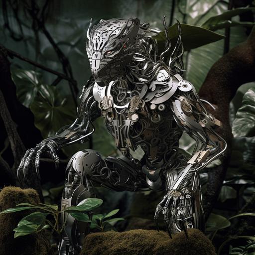 Deep in the heart of a dense, tropical jungle, a mechanical alien-human hybrid covered in mud hides among the towering trees. The hybrid's body is crafted from gleaming, silver metal, intricately detailed with gears and levers, a testament to its advanced technology. Its skin, made of a flexible, shimmering material, flows in perfect synchronization. The jaguar's multifaceted eyes, aglow with a brilliant irridescent light, HD, cinematography, photorealistic, epic composition Unreal Engine, Cinematic, Color Grading, Ultra-Wide Angle, Depth of Field, hyper detailed, beautifully coded by color, insane detail, intricate detail, beautifully colored, Unreal Engine, Cinematic, Color Grading, Editorial Photography, Photography, Photoshoot, Depth of Field, DOF, Tilt Blur, White Balance, 32k, Super-Resolution, Megapixel, ProPhoto RGB, VR , Halfrear Lighting, Backlight, Natural Lighting, Incandescent, Fiber Optic, Moody Lighting, Cinematic Lighting, Studio Lighting, Soft Lighting, Volumetric, Contre-Jour, Beautiful Lighting, Accent Lighting, Global Illumination, Screen Space Global Illumination, Ray Tracing Global Illumination , Optical, Scattering, Glowing, Shadows, Rough, Shimmer, Ray Tracing Reflections, Lumen Reflections, Screen Space Reflections, Diffraction Gradation, Chr Aberration omatics, GB displacement, scan lines, ray tracing, ray tracing ambient occlusion, anti-aliasing, FK AA, TXAA, RTX, SSAO, Shaders, OpenGL-Shaders, GLSL-Shaders, Post-processing, Post-production , Cel Shading, Tone Mapping, CGI, VFX, SFX, incredibly detailed and intricate, hyper maximal, elegant, hyper realistic, --v 5