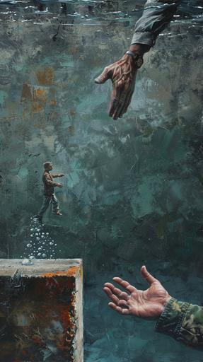 Deep under water. A tiny miniature man's feet are embedded in a concrete cinder block, reaching out to an identical tiny miniature man who is floating away. Dark. In the style oil painting. Grey, green, blue, rust. --v 6.0 --ar 9:16