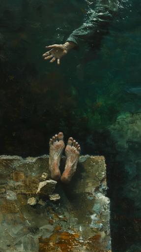 Deep under water. A tiny miniature man's feet are embedded in a concrete cinder block, reaching out to an identical tiny miniature man who is floating away. Dark. In the style oil painting. Grey, green, blue, rust. --v 6.0 --ar 9:16