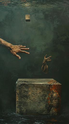 Deep under water. A tiny wooden hand carved miniature man's feet are embedded in a concrete cinder block, reaching out to an identical tiny miniature man who is floating away. Dark. In the style oil painting. Grey, green, blue, rust. --v 6.0 --ar 9:16