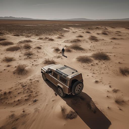 Defender2022 from behind grey desert offroad deep sand crossing perspective bird eye views Hasselblad dslr Canon 8k details realistic