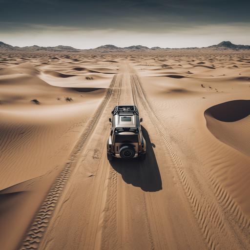 Defender2022 from behind grey desert offroad deep sand crossing perspective bird eye views Hasselblad dslr Canon 8k details realistic