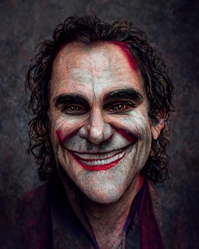 ultra detailed and realistic portrait picture of the joker Joaquin Phoenix smiling, steve mccurry style, 8k, cinematic lights, Hyper-Realistic, Hyper-Detailed, extremely hyper aesthetic intricate detailed, sharp focus, bewitching lighting, man, full body black and red ultra realistic, oppressive atmosphere, photography, photographic rendering, 16k, UHD, --ar 4:5