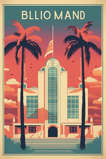 Delano Beach Club vintage travel Poster, South Beach Miami, Flamingo, palm trees, south beach color palette, art deco border --s 750 --ar 2:3 --s 250