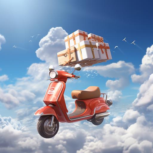 Delivery scooter flying in the sky , sunny day , clouds , realistic