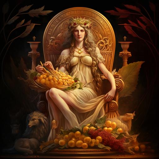 Demeter Greek Goddess seated in a golden throne carring a bouquet of wheat, a lamb at her feet, around her throne an abundance of fruits and vegetables, and a golden sickle carved with enigmatic symbols of fertility, cinematic light, amazing