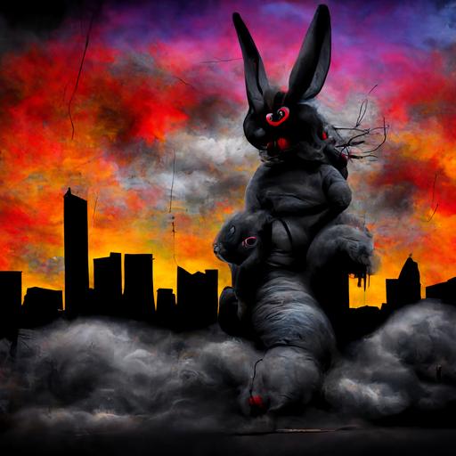 Demon bunny, 30 feet tall, terrorizing downtown cityscape, dramatic clouds, vivid coloring, shadows, chaos, high resolution