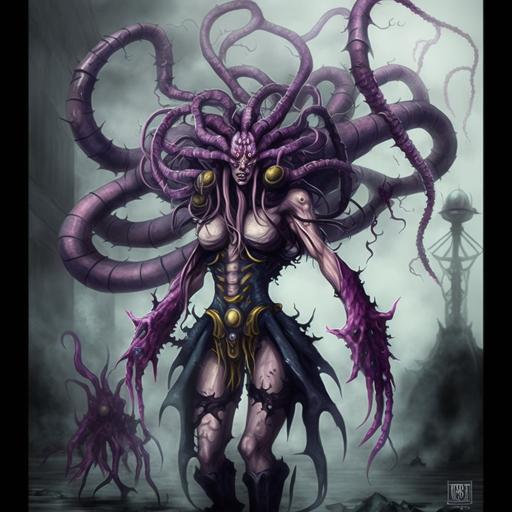 Demon girl Slaanesh and whip and tentacles. Mechanical implants and armor of space marines. Warhammer --v 4