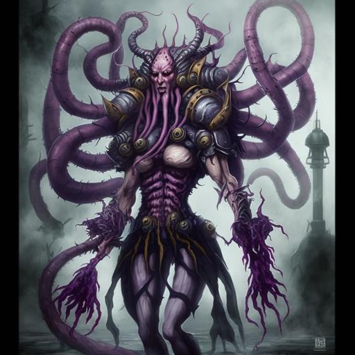 Demon girl Slaanesh and whip and tentacles. Mechanical implants and armor of space marines. Warhammer --v 4