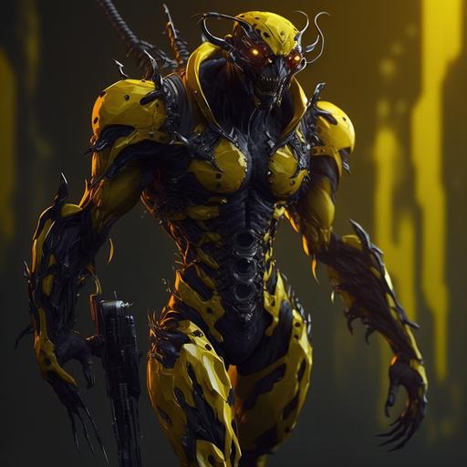 Demon legendary creatures, holding a futuristic rifle, extremely Dark, full body, yellow and black spy costume + fitnes body, hyper realistic, lots of details, 4k --q 2 --v 4
