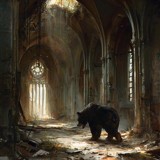 Demonic short-nosed bear roaming dilapidated church halls --v 6.0