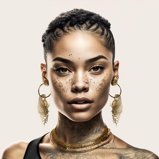 retrato estilo campaña de moda de cantante de rap mujer, joven, con tatuajes en la cara, y joyas de oro. sobre fondo blanco. fotografía realista. Seriedad.
