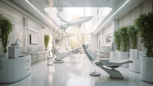 Dental office of the future, sleek white dental chairs equipped with advanced technology, glass walls displaying real-time dental data, plants hanging from the ceiling purifying the air, serene and welcoming atmosphere, Photography, wide-angle lens (24mm) with a large aperture (f/1.4) to capture the depth of the scene, --ar 16:9 --v 5