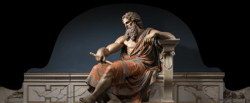 Depict Zeus, the almighty ruler of Olympus, in the act of painting with a humble brush, infusing the scene with his divine presence and creative energy. Zeus should be portrayed in a contemplative pose, seated or standing with a dignified posture, adorned in attire that reflects his status as king of the gods. His expression should convey a sense of focus and concentration, as he delicately wields the brush to bring his vision to life on the canvas. Surround Zeus with an aura of celestial light, illuminating the scene with divine radiance and emphasizing his divine nature. The environment should be a celestial atelier or divine studio, filled with artistic materials and symbols of Zeus's creative prowess. Convey a sense of awe and reverence in the onlookers witnessing Zeus's artistic endeavors, as they marvel at the sight of the king of gods engaging in the act of creation. Realistic photography style, utilizing a macro lens to capture the intricate details of Zeus's painting technique and the texture of the canvas. Use soft, diffused lighting to enhance the ethereal atmosphere and highlight Zeus's divine presence. --ar 1349:554