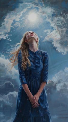 Depict a woman with long blonde hair in a blue dress, standing with closed eyes and clasped hands, radiating light from a bright orb. She is set against a cloudy sky, capturing a moment of tranquility and power. --ar 9:16 --v 6.0
