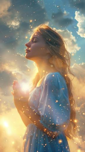 Depict a woman with long blonde hair in a blue dress, standing with closed eyes and clasped hands, radiating light from a bright orb. She is set against a cloudy sky, capturing a moment of tranquility and power. --ar 9:16 --v 6.0
