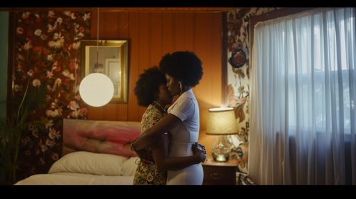 Depict an intimate moment between an African American lesbian couple in their San Francisco home during the 1960s. - style raw --s 0 --ar 16:9 --v 6.0