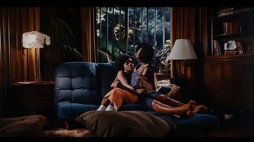 Depict an intimate moment between an African American lesbian couple in their San Francisco home during the 1960s. - style raw --s 0 --ar 16:9 --v 6.0