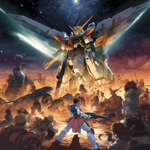 Depicting a model of Gundam, Gundam full-body scene, kneeling on the ground holding a broken sword, fighting against the dragon of the abyss in the universe, the background is a stargazing battlefield filled with gunpowder, the time is dusk, using the painting style of King of Glory, the scene is surrounded by some refugees, clothes Dirty, with kids crying. Super high-quality rendering, fine picture, game 4A level picture. --v 5