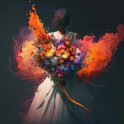 Description: a burning bouquet of flowers that a bride is holding, Weddings, Eccentric, dynamic, heightened and powerful, Simple yet elegant, records, symbolism, surrealism, graffiti, surreal, abstract, minimal, texture, minimalism, Creative, fitting the theme, fiery, dynamic, powerful, flower bouquet,