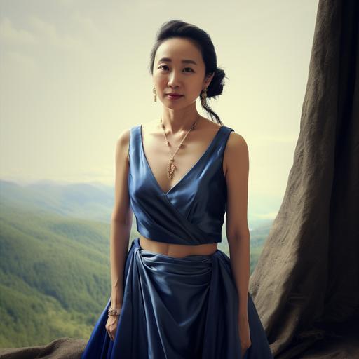 Design ::2, climbing a mountain, Asian lady, mature, confident, smile, high-quality, photorealistic, Professional Product Render::4, detailed, very large forehead, narrow and small chin, very small eyes, thin lips, strong arm muscles, accurate representation, professional, award-winning, 3D rendering, multiple angles::3, natural lighting, realistepaysage --v 5.2