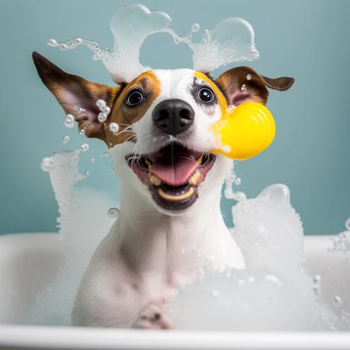 A happy Jack Russell Terrier dog jumps with joy in a white bathtub, with his ears up and his tongue out, while soap bubbles float around him. Wearing a yellow shower cap, he seems to be having a great time while enjoying a refreshing bathtub . In one corner of the bathtub, there is a bottle of shampoo and a canine toothbrush, ready to be used. The environment is minimalist and organized, with white predominating, and the focus is entirely on the dog and his happiness, photorealist