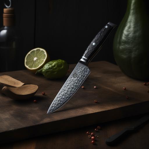 A stunning 20cm Hammered Stainless Steel Chef's Knife, characterized by its unique, handcrafted texture on the blade, showcasing waves of artisanal craftsmanship. The knife features a full tang design for superior balance and a secure grip, with a sleek black handle that seamlessly blends into the blade's collar. The sharp, gleaming edge is impeccably honed, ready for precise cuts. Its overall design signifies a perfect blend of form and function, catering to both professional chefs and home cooks. Captured in a high-resolution, hyper-realistic photo --q 2 --v 5