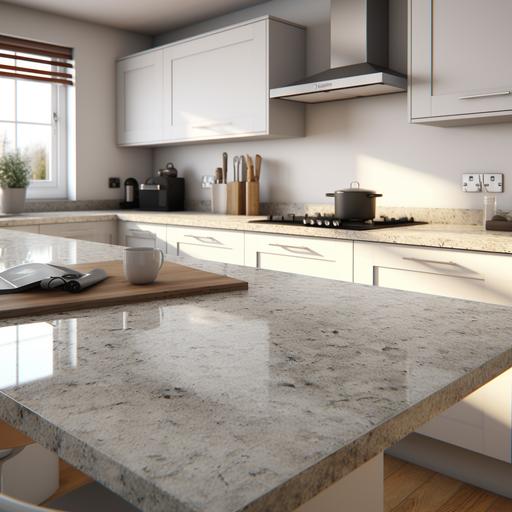 Create a 3D render of a pristine and spacious kitchen worktop. The worktop should be made of polished, high-quality granite, with a dazzling sheen that reflects the warm, inviting light of the kitchen. The granite should be in a neutral color palette, ensuring it would blend seamlessly with various kitchen decor styles. The back wall should feature a minimalistic yet stylish white subway tile backsplash. In the background, include blurred elements of kitchen cabinetry and stainless steel appliances to give the scene depth and perspective, but maintain the focus on the spacious worktop, ready for a user to place their items. Light should be flowing from overhead fixtures, casting gentle shadows and emphasizing the immaculate surface of the worktop. The overall atmosphere should be clean, serene, and inviting.