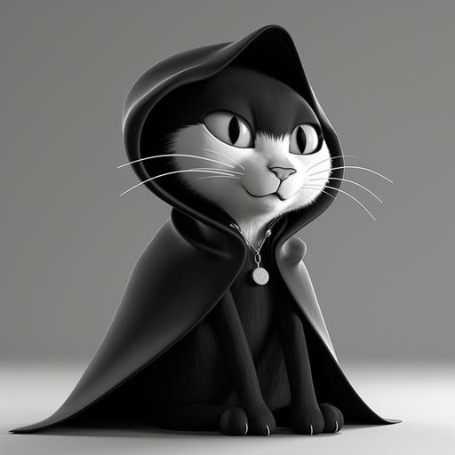 Design Pixar Character : Wicked Black and white cat with Black cloak --s 250 --v 5.0