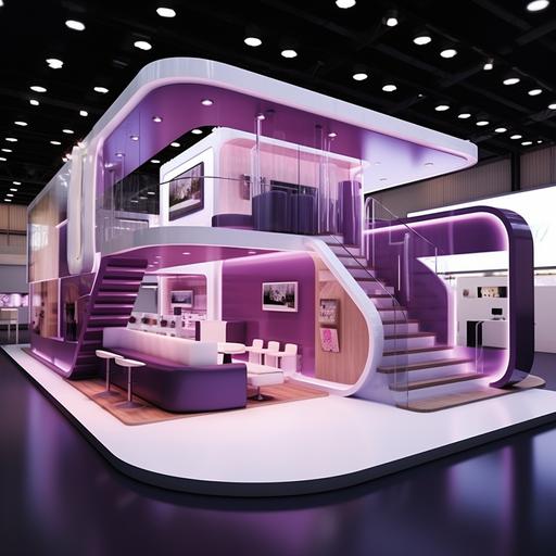 Design a 2 floors modern exhibition booth, the design should be open, color scheme should include voilet different tones