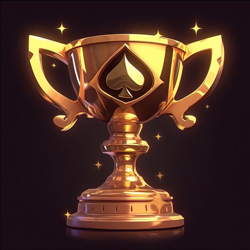 Design a 3D cartoon-style trophy featuring a golden body embellished with a spade poker pattern, resting on a brown base, against a pure black background. The image should evoke an electronic game texture, emphasizing simplicity and clarity in its design. The trophy should shine with a polished golden finish, highlighting the playful yet intricate spade pattern that adds character to its surface. The brown base should be sturdy and minimalist, providing a strong contrast to the trophy's vibrant top. The pure black background will ensure the trophy stands out, focusing on its sleek and streamlined cartoon aesthetic with a nod to gaming culture. Aim for a visually striking yet straightforward representation that captures the essence of achievement within the gaming world. --niji 6 --ar 1:1