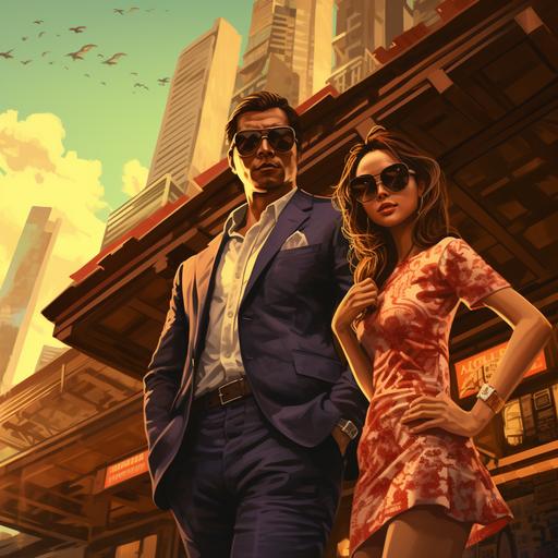 Design a GTA style poster, GTA cover art, opening wallpaper for the art book about the game. GTA about Hong Kong american business man and his hot asian girlfriend in the 80’s, vintage feeling, highly detailed, dramatic composition