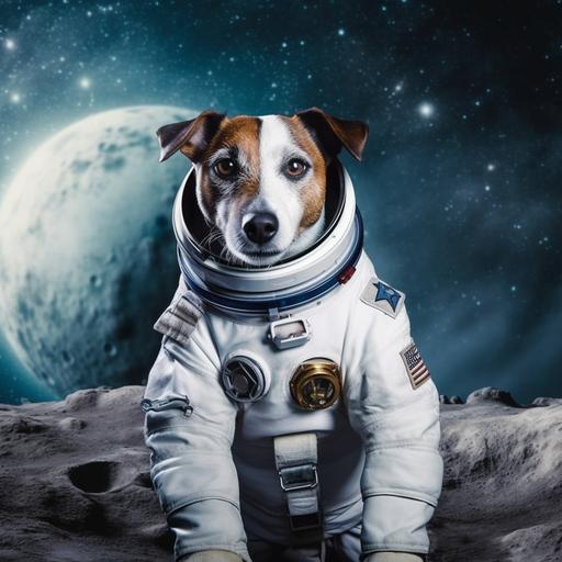 Design a Jack Russell Terrier sitting on the planet earth wearing a moon suit