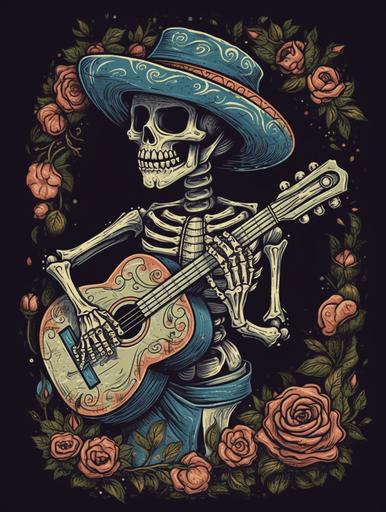 Design a T-shirt graphic,Mexican style, with a hat the skeleton guitar sat on the stone, Disney style, cute，high quality，detial design --ar 3:4 --s 750 --v 5 --q 2
