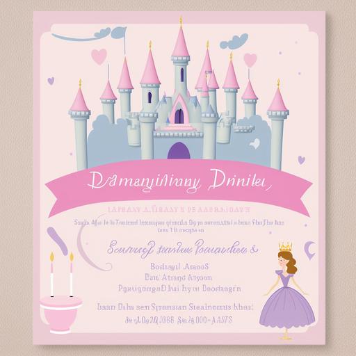 Design a birthday party invitation with a Disney princess theme. The invitation should feature a castle and several Disney princesses in gentle colors to give it a magical and dreamy vibe. Some ideas for the design include: A castle in the background with Disney princesses, such as Cinderella, Belle, and Aurora, featured in the foreground Soft pastel colors, such as pink, purple, and blue, to give the invitation a gentle and inviting feel,The invitation should include all relevant information about the party, such as the date, time, location, and RSVP information. It should also be easy to read and visually appealing, with all elements balanced and spaced out evenly. The final product should be both practical and aesthetically pleasing, capturing the excitement and magic of a Disney princess-themed birthday party. --q 0.5 --s 250