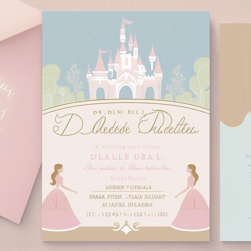 Design a birthday party invitation with a Disney princess theme. The invitation should feature a castle and several Disney princesses in gentle colors to give it a magical and dreamy vibe. Some ideas for the design include: A castle in the background with Disney princesses, such as Cinderella, Belle, and Aurora, featured in the foreground Soft pastel colors, such as pink, purple, and blue, to give the invitation a gentle and inviting feel,The invitation should include all relevant information about the party, such as the date, time, location, and RSVP information. It should also be easy to read and visually appealing, with all elements balanced and spaced out evenly. The final product should be both practical and aesthetically pleasing, capturing the excitement and magic of a Disney princess-themed birthday party , the birthday girls name is Adele she is 8 years old , the birthday will be at home --q 0.5 --s 250