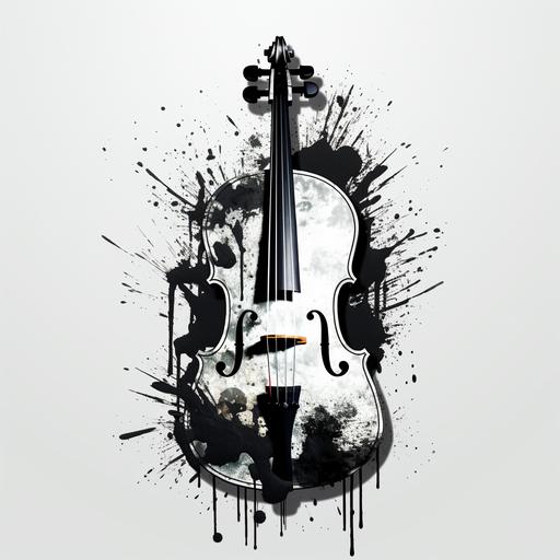 Design a black and white cello sticker with a spray paint stencil effect. Add artistic splatters to give character to the design. Ensure the cello is stylized in a unique way to represent your music group