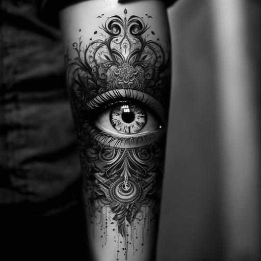 Design a captivating black and white forearm tattoo featuring an eye that embodies the concept of time's passage. Craft the eye as a striking centerpiece, brimming with intricate details that showcase its depth and significance. Within the eye, create a seamless fusion of time-related imagery, using shadows, contrasts, and intricate linework to represent the passage of time. Incorporate elements like delicate hourglasses, fading clock hands, or swirling cosmic patterns that interweave harmoniously with the eye's contours. Convey the essence of time's transience through your artistic vision, crafting a tattoo that symbolizes both the eternal and the ephemeral. --v 4