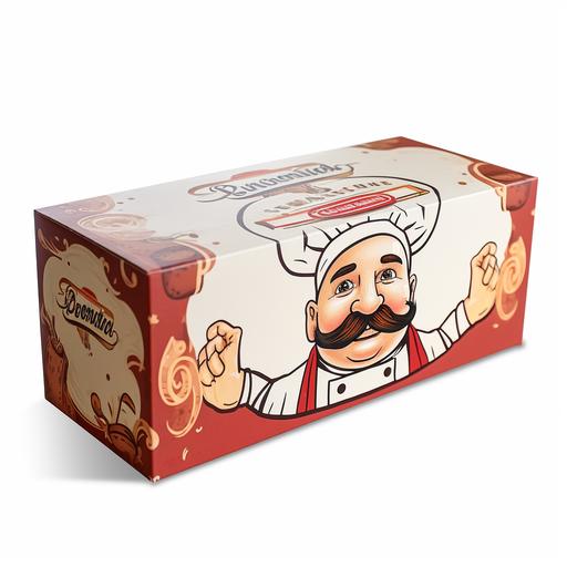 Design a cardboard box packaging, size 40x20x20cm, image of cartoon chef with mustache on the box, tuck down design, on a white background