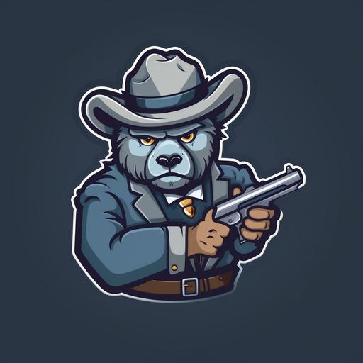 Design a cartoon logo for the NBA Grizzlies, featuring a cute, confident gray bear wearing a cowboy hat and holding a gun aimed at the Larry O'Brien trophy, The logo should be simple, with a vintage feel, and incorporate shades of blue, light blue, gray, and forest blue, The bear should be depicted with a smile --v 5