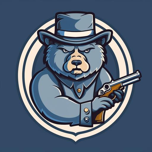 Design a cartoon logo for the NBA Grizzlies, featuring a cute, confident grizzly wearing a cowboy hat and holding a gun aimed at the Larry O'Brien trophy, The logo should be simple, with a vintage feel, and incorporate shades of blue, light blue, and forest blue, The bear should be depicted with a smile --v 5