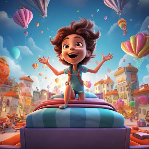 Design a colorful and imaginative scene of a children's bed factory. Position a charismatic cartoon character in the foreground, giving an animated presentation with a microphone. Show beds soaring into the sky as they leave the factory, cartoon, 3d
